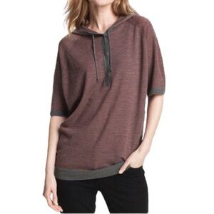 Eileen Fisher Merino Wool‎ Short Sleeve Hooded Sweater Stripes Red Grey Medium
